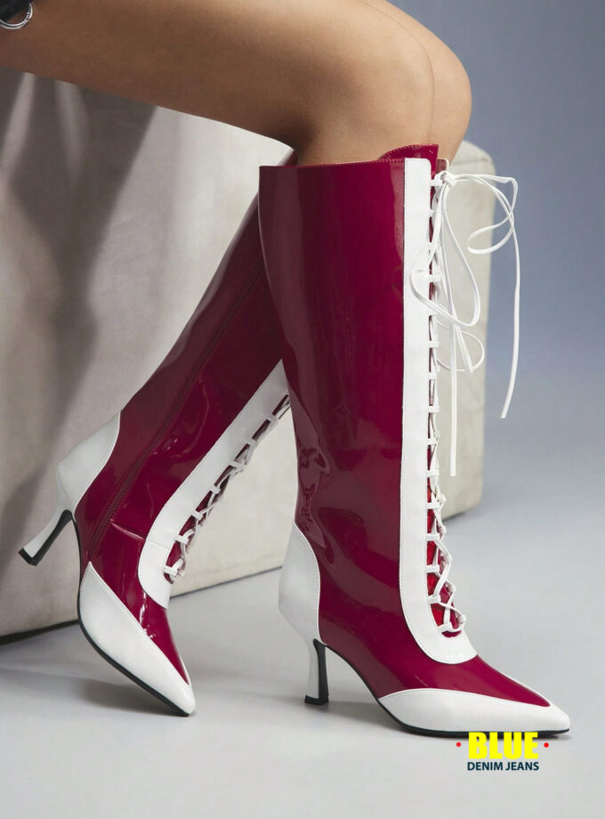 CUCCOO Women's Black & White Lace-Up Knee-High Boots