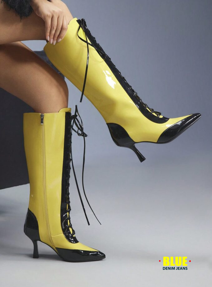 CUCCOO Women's Black & White Lace-Up Knee-High Boots