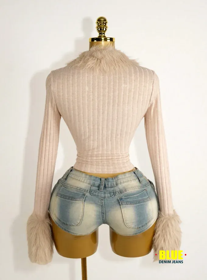 BamGleam Women's Fuzzy Patchwork Ribbed Long Sleeve Top