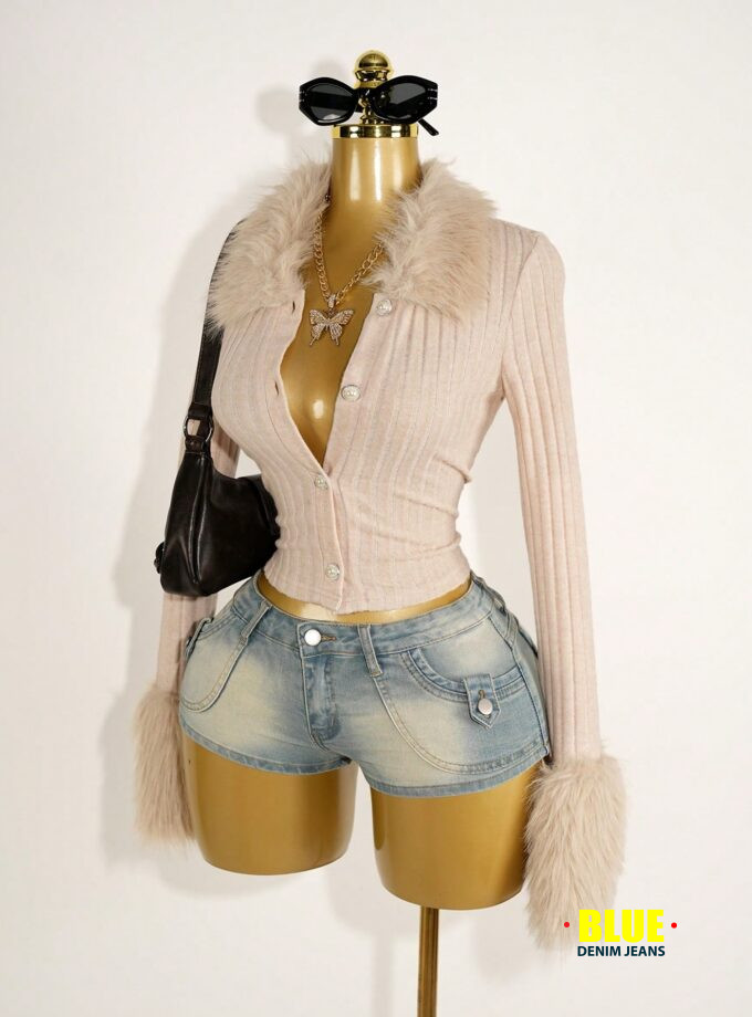 BamGleam Women's Fuzzy Patchwork Ribbed Long Sleeve Top