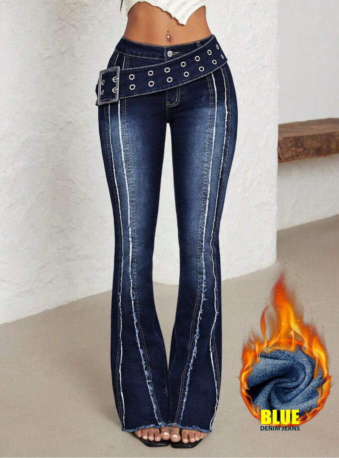 Jeanoix Women's Flare Leg Jeans with Sun Eyelet Waist