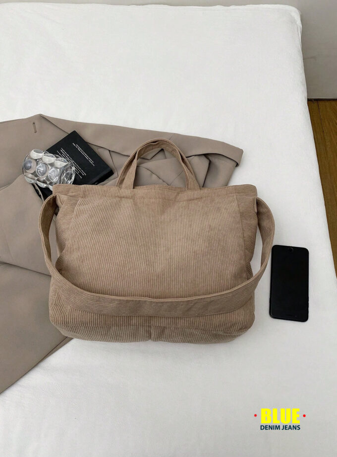 1pc Khaki Corduroy Tote Bag, Large Capacity, Solid Color, Fashion Minimalist Design, Women Handbag With Shoulder Strap, Suitable For Winter