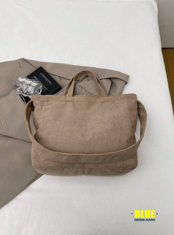 1pc Khaki Corduroy Tote Bag, Large Capacity, Solid Color, Fashion Minimalist Design, Women Handbag With Shoulder Strap, Suitable For Winter