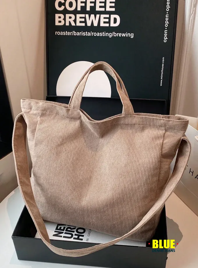 1pc Khaki Corduroy Tote Bag, Large Capacity, Solid Color, Fashion Minimalist Design, Women Handbag With Shoulder Strap, Suitable For Winter