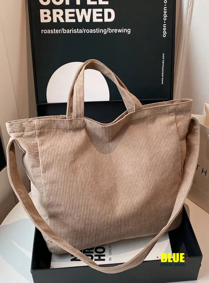 1pc Khaki Corduroy Tote Bag, Large Capacity, Solid Color, Fashion Minimalist Design, Women Handbag With Shoulder Strap, Suitable For Winter