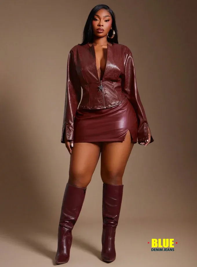 SHEIN SXY Plus Size Wine Red Leather Jacket for Women