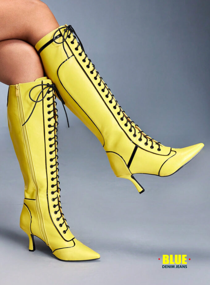 CUCCOO Women's Colorblock Kitten Heel Over-The-Knee Lace-Up Boots