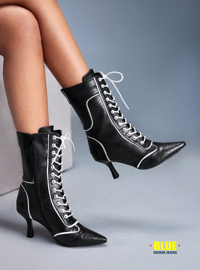 CUCCOO Women's Colorblock Kitten Heel Over-The-Knee Lace-Up Boots