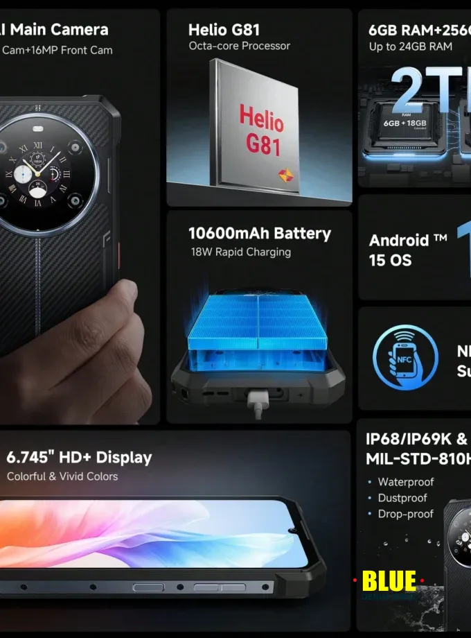 FOSSIBOT 6.75" Rugged Android 15 Phone with 24 GB RAM || 50 MP Camera & 10600 m Ah Battery - Dual SIM Connectivity