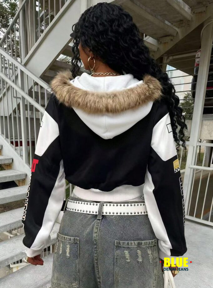 Rovax Women's Fuzzy Hooded Zip-Up Bomber Jacket with Faux Fur Trim