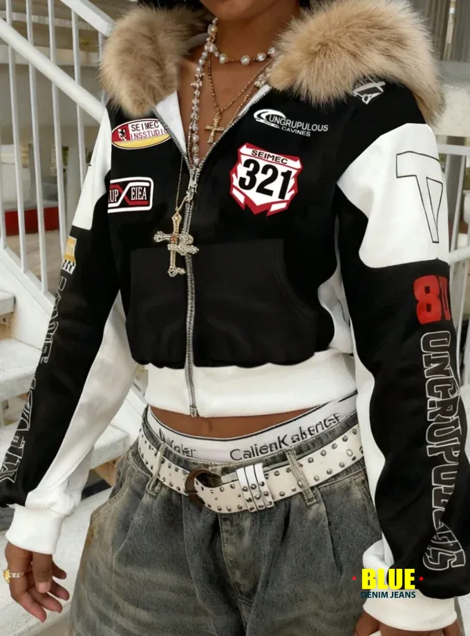 Rovax Women's Fuzzy Hooded Zip-Up Bomber Jacket with Faux Fur Trim