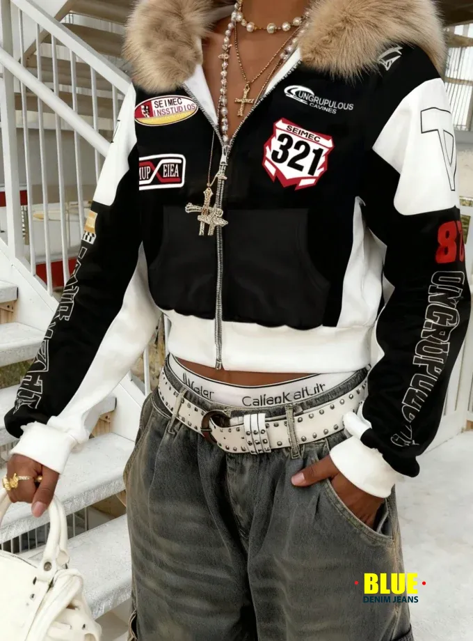 Rovax Women's Fuzzy Hooded Zip-Up Bomber Jacket with Faux Fur Trim