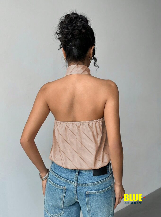 Jeanoix Women's Striped Halter Top with Necktie Design