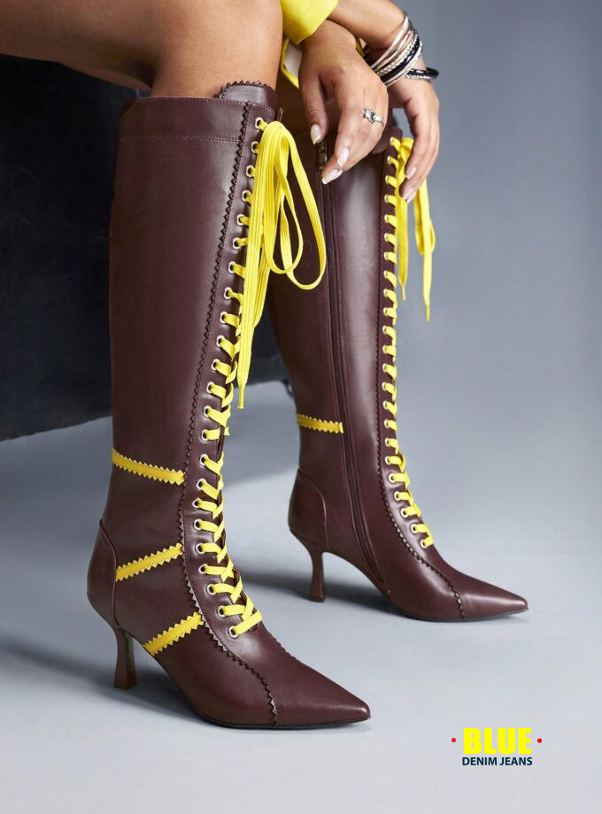 CUCCOO Women's Black & White Lace-Up Knee-High Boots