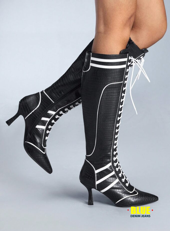 CUCCOO Women's Black & White Lace-Up Knee-High Boots