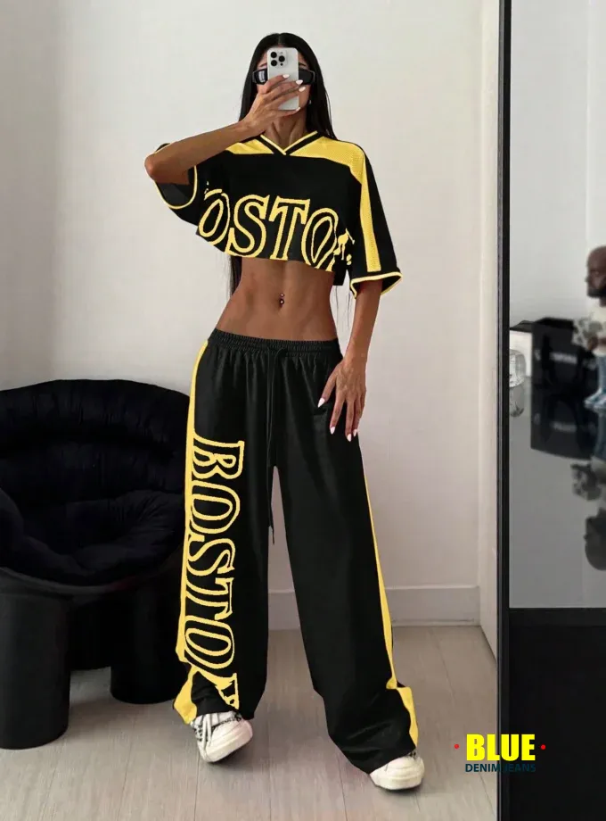 StreetHx Women's Printed Crop Top & Sweatpants Set