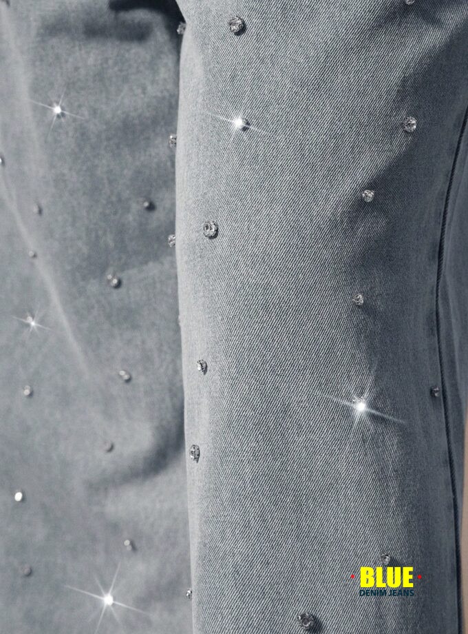 Denimoi Rhinestone Embellished High Rise Straight Leg Denim Jeans