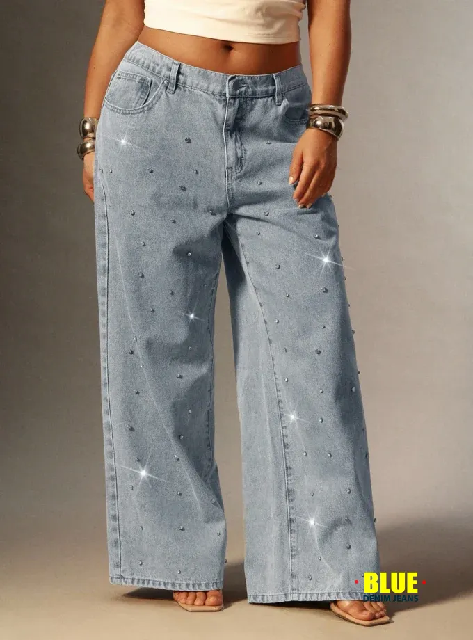 Denimoi Rhinestone Embellished High Rise Straight Leg Denim Jeans