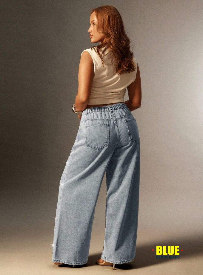 Denimoi Rhinestone Embellished High Rise Straight Leg Denim Jeans