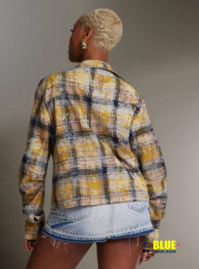 Denimoi Women's Plaid Long-Sleeved Shirt, Suitable For Daily Commuting, With Irregular Slits And A Turn-Down Collar.