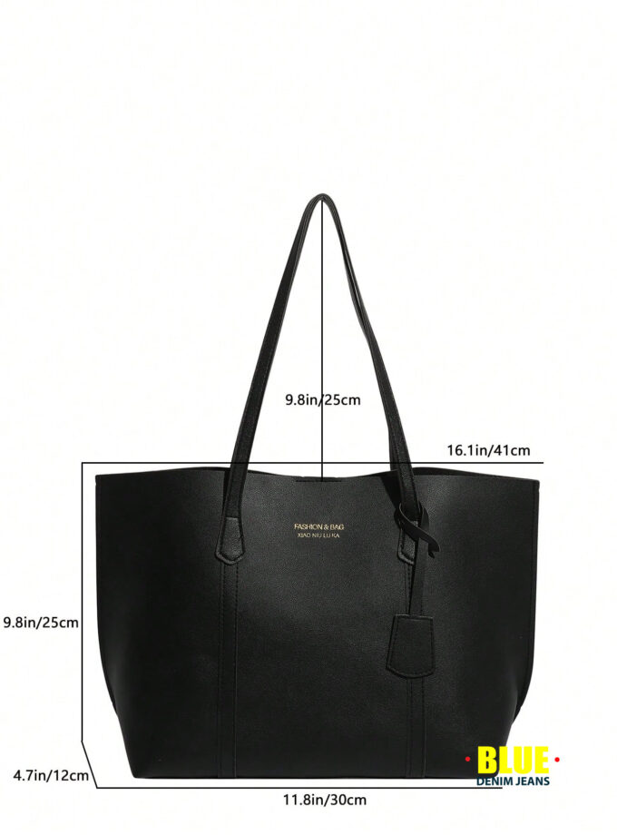 1pc Black Hanging Decor Solid Color PU Large Capacity Trapezoid Tote Bag, Women Shoulder Bag For Winter