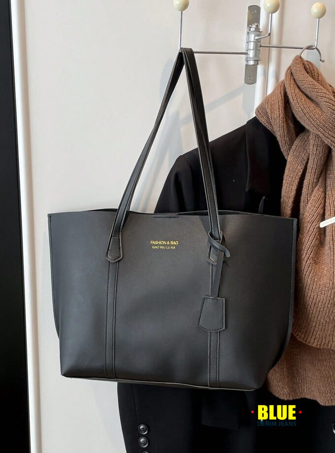 1pc Black Hanging Decor Solid Color PU Large Capacity Trapezoid Tote Bag, Women Shoulder Bag For Winter