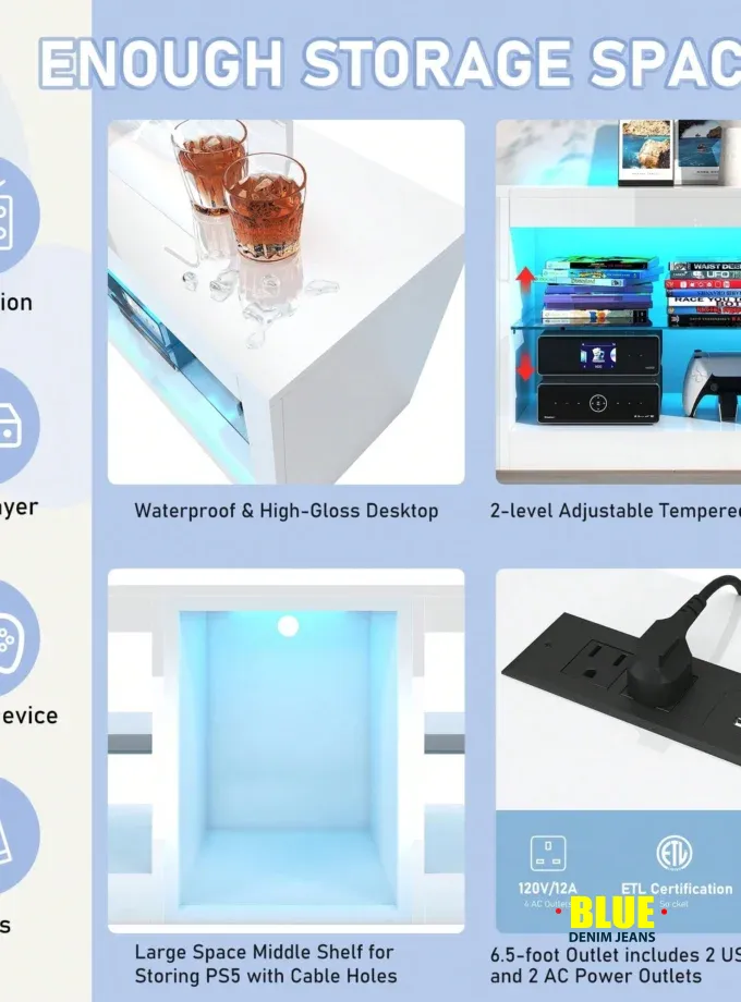 Local55/63inch LED TV Stand With Adjustable USB Powered LED Light/Outlet For 60 65 70 Inch TV,Modern High Gloss Entertainment Center With Glass Shelve For P5/Gameroom/Bedroom/Living Room