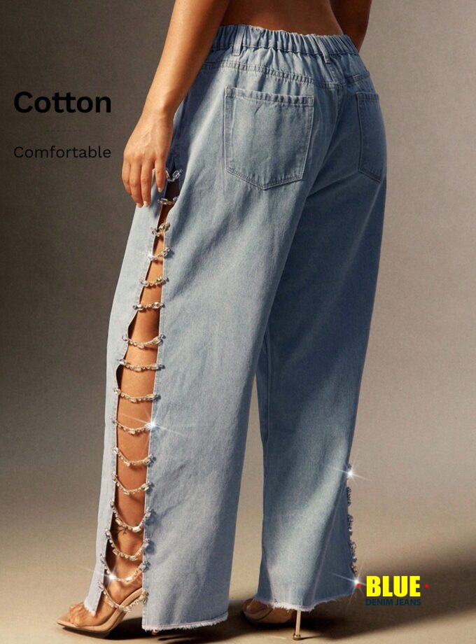 Denimoi Rhinestone Chain Split Sit Mid Rise Wide Leg Denim Jeans