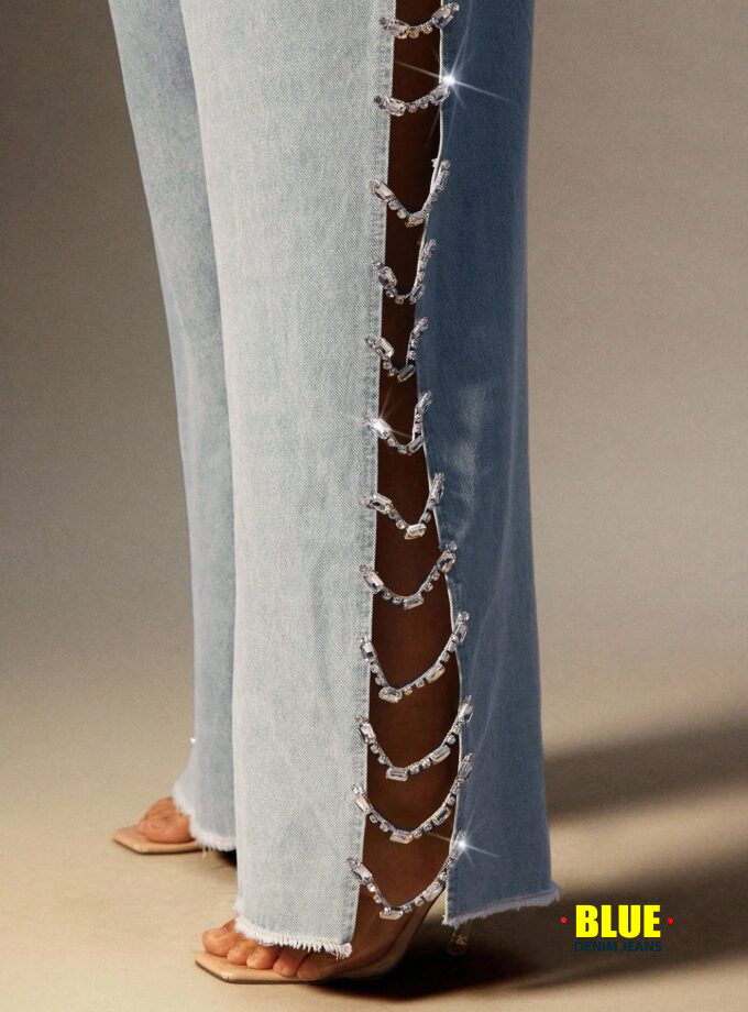 Denimoi Rhinestone Chain Split Sit Mid Rise Wide Leg Denim Jeans