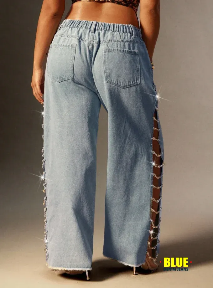Denimoi Rhinestone Chain Split Sit Mid Rise Wide Leg Denim Jeans