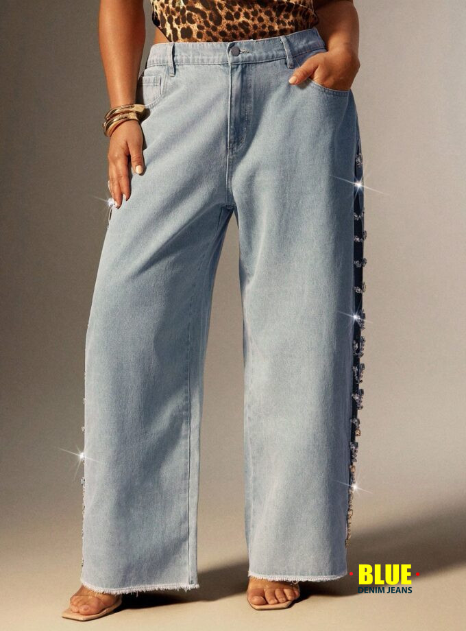 Denimoi Rhinestone Chain Split Sit Mid Rise Wide Leg Denim Jeans