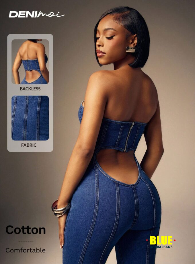 Denimoi Heart Cut Out Strapless Flared Denim Jumpsuit