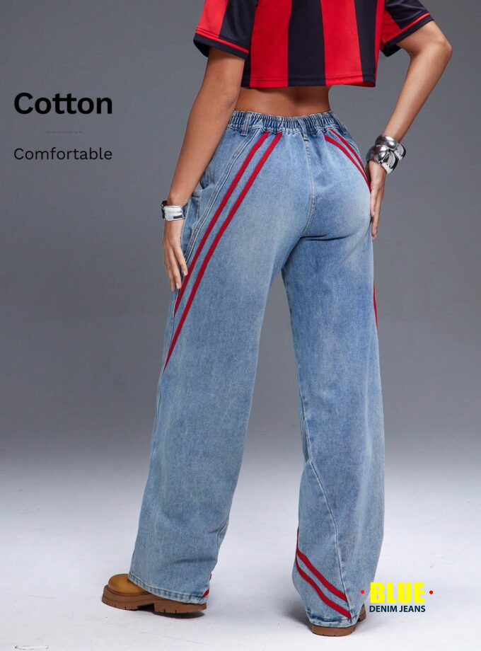 Denimoi Athletic Stripe Straight Leg Mid Rise Denim Jeans, Summer Outfits For Women, Fashionable, Streetwear, Sporty, Everyday Wear