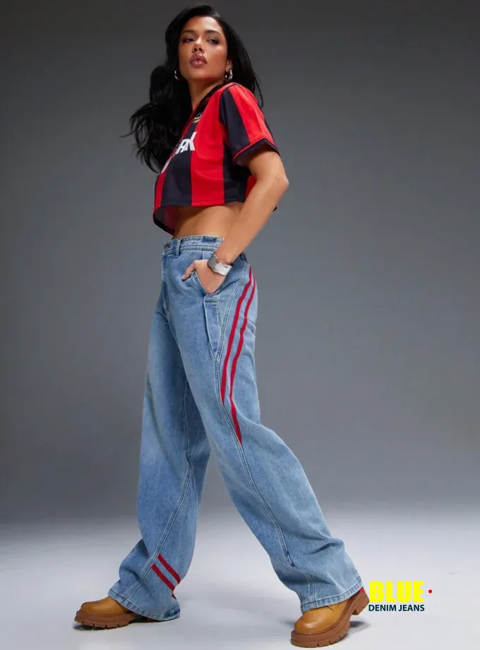 Denimoi Athletic Stripe Straight Leg Mid Rise Denim Jeans, Summer Outfits For Women, Fashionable, Streetwear, Sporty, Everyday Wear