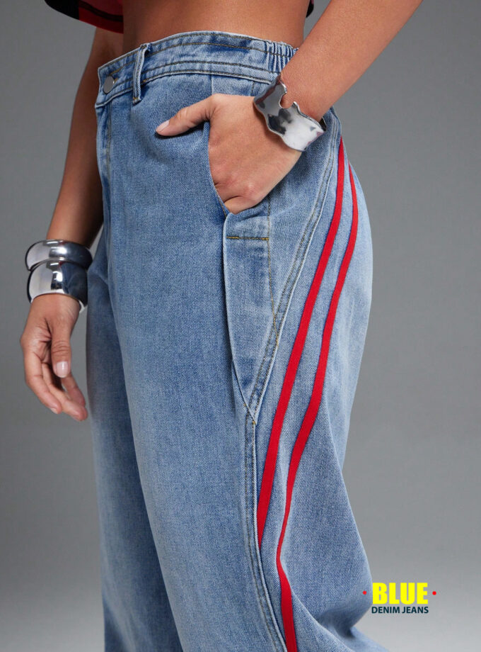 Denimoi Athletic Stripe Straight Leg Mid Rise Denim Jeans, Summer Outfits For Women, Fashionable, Streetwear, Sporty, Everyday Wear