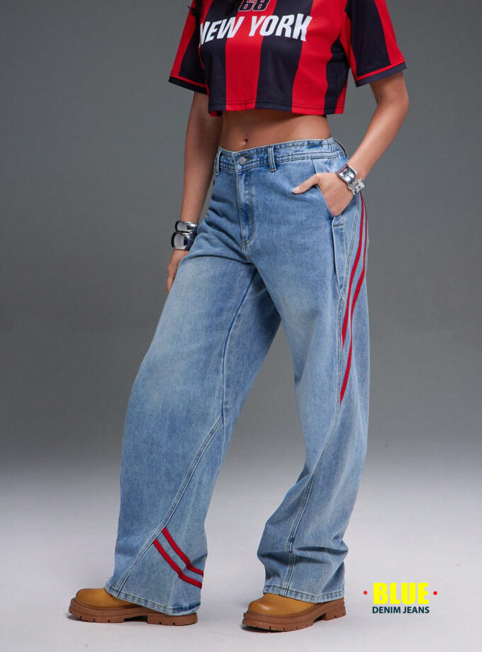 Denimoi Athletic Stripe Straight Leg Mid Rise Denim Jeans, Summer Outfits For Women, Fashionable, Streetwear, Sporty, Everyday Wear