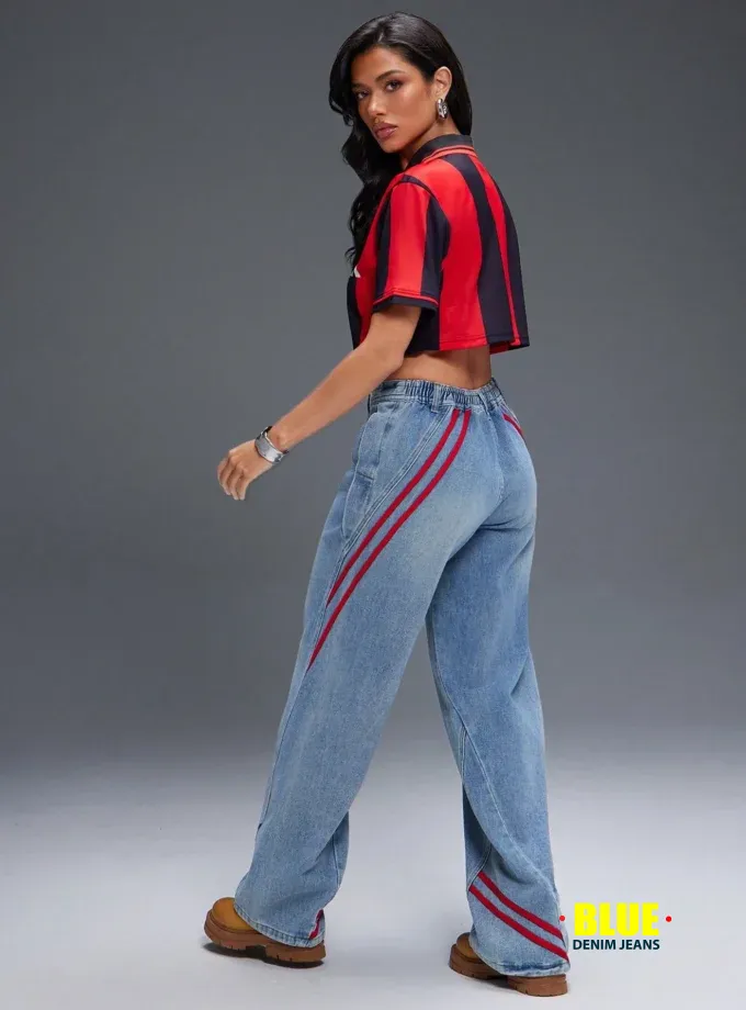 Denimoi Athletic Stripe Straight Leg Mid Rise Denim Jeans, Summer Outfits For Women, Fashionable, Streetwear, Sporty, Everyday Wear