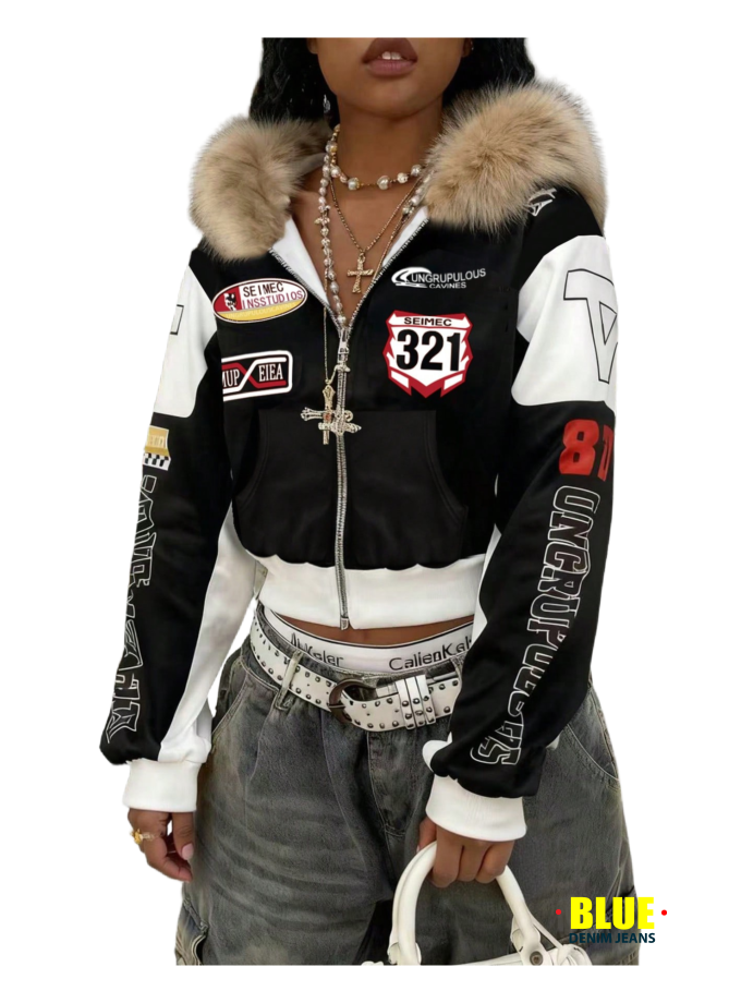 Rovax Women's Fuzzy Hooded Zip-Up Bomber Jacket with Faux Fur Trim