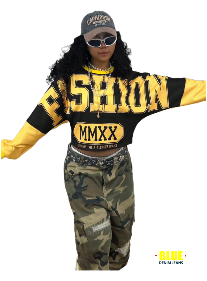 Rovax Women's Contrast Crew Neck Long Sleeve Crop Top