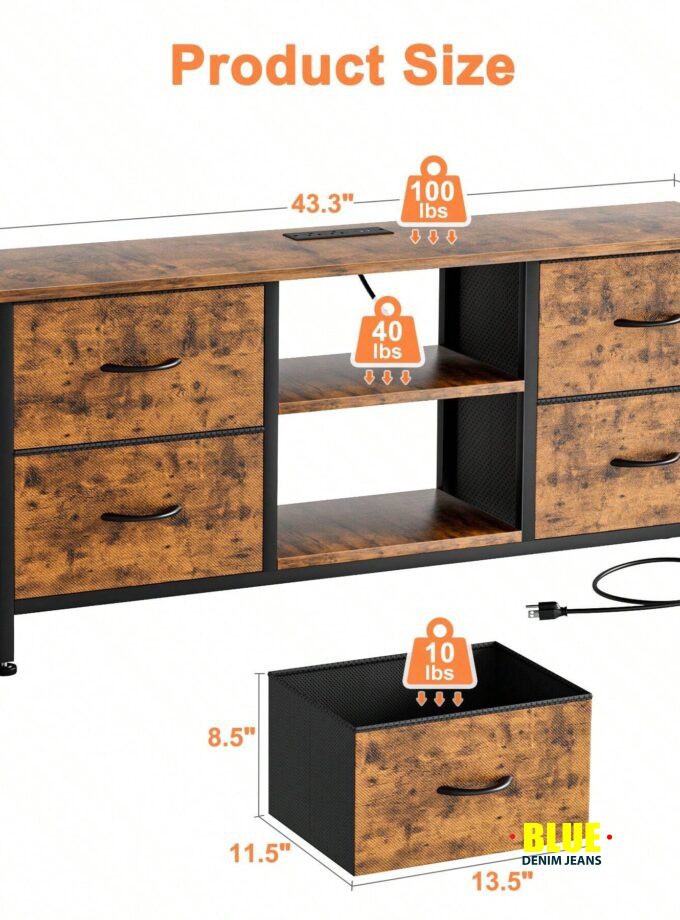 LocalGIKPAL Dresser TV Stand For 50'' TV, Fabric Dresser With 4 Drawers And Power Outlet, Modern Entertainment Center With Open Shelves For Living Room, Brown