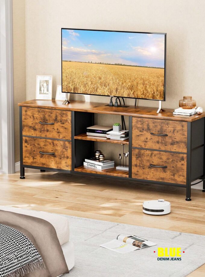 LocalGIKPAL Dresser TV Stand For 50'' TV, Fabric Dresser With 4 Drawers And Power Outlet, Modern Entertainment Center With Open Shelves For Living Room, Brown
