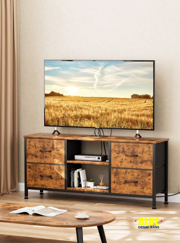 LocalGIKPAL Dresser TV Stand For 50'' TV, Fabric Dresser With 4 Drawers And Power Outlet, Modern Entertainment Center With Open Shelves For Living Room, Brown