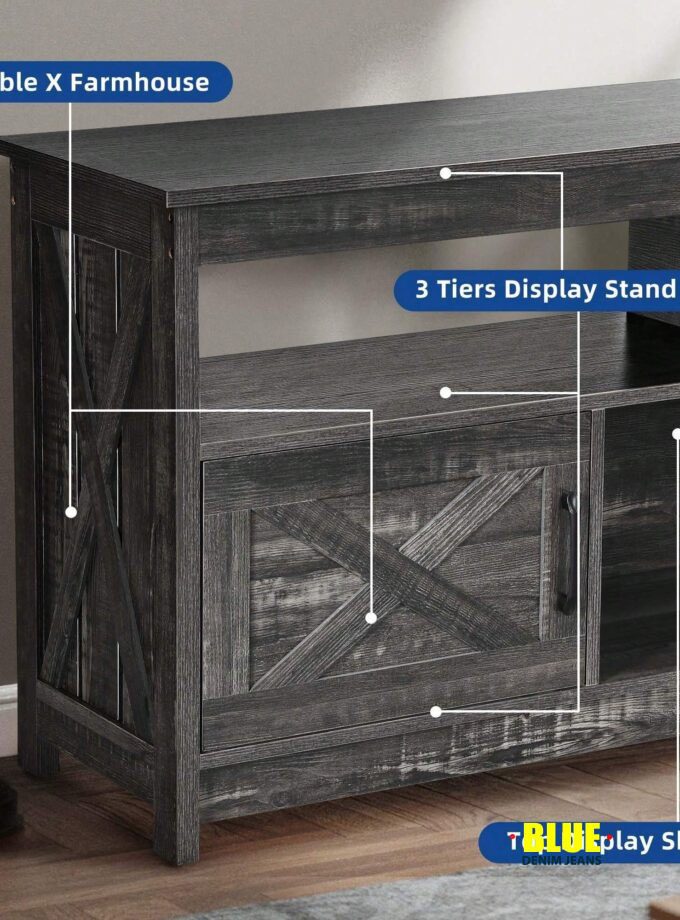 LocalFarmhouse TV Stand For 65 Inch With Power Outlets Mid Century Modern Wood TV Table Media Console With Storage Cabinet And Open Shelves For Living Room Bedroom, Dark Grey