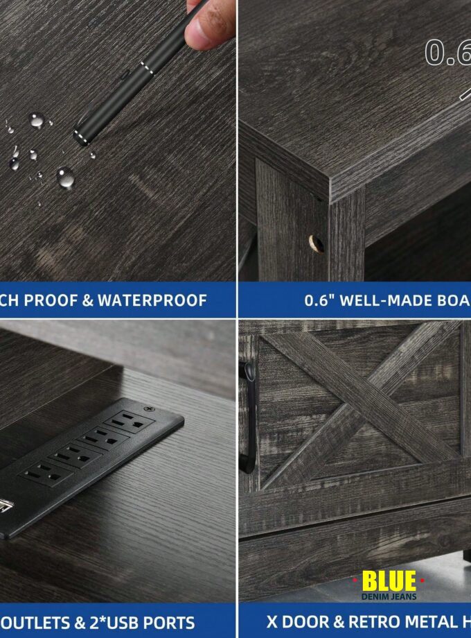 LocalFarmhouse TV Stand For 65 Inch With Power Outlets Mid Century Modern Wood TV Table Media Console With Storage Cabinet And Open Shelves For Living Room Bedroom, Dark Grey