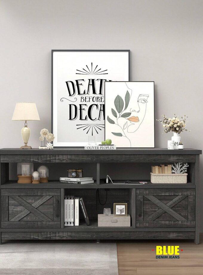 LocalFarmhouse TV Stand For 65 Inch With Power Outlets Mid Century Modern Wood TV Table Media Console With Storage Cabinet And Open Shelves For Living Room Bedroom, Dark Grey