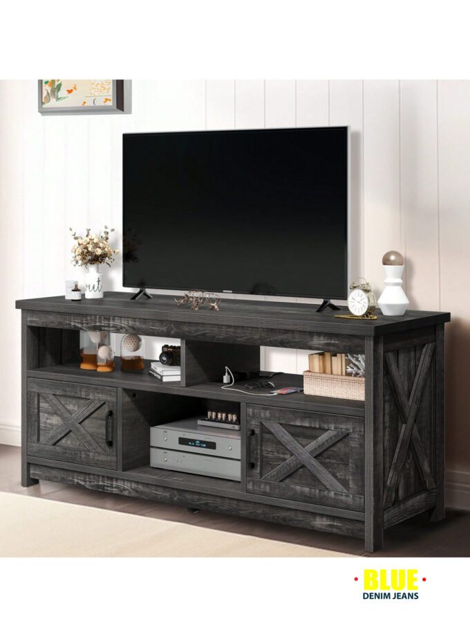 LocalFarmhouse TV Stand For 65 Inch With Power Outlets Mid Century Modern Wood TV Table Media Console With Storage Cabinet And Open Shelves For Living Room Bedroom, Dark Grey