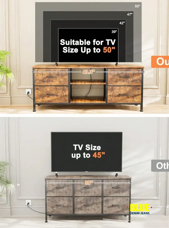 LocalGIKPAL Dresser TV Stand For 50'' TV, Fabric Dresser With 4 Drawers And Power Outlet, Modern Entertainment Center With Open Shelves For Living Room, Brown