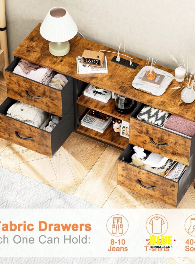 LocalGIKPAL Dresser TV Stand For 50'' TV, Fabric Dresser With 4 Drawers And Power Outlet, Modern Entertainment Center With Open Shelves For Living Room, Brown