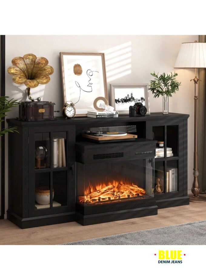 LocalFurniwell Fireplace TV Stand For TVs Up To 65"e; 3-Sided Glass Modern Media Entertainment Center With Cabniet Storage Adjustable Flame Color