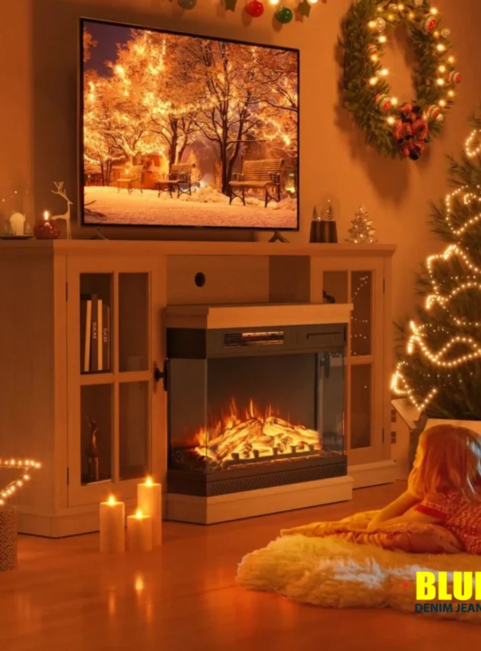 LocalFurniwell Fireplace TV Stand For TVs Up To 65"e; 3-Sided Glass Modern Media Entertainment Center With Cabniet Storage Adjustable Flame Color